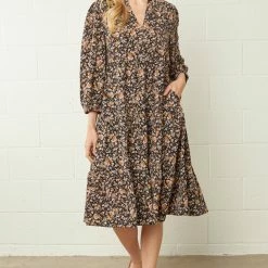Purple Door Boutique Black Floral Print Midi Dress