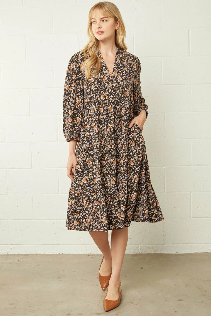 Purple Door Boutique Black Floral Print Midi Dress 1 Purple Door Boutique Black Floral Print Midi Dress