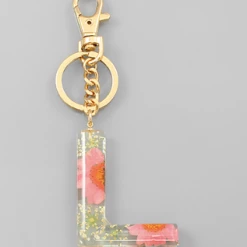 Purple Door Boutique Initial Pink Floral Pressed Keychain