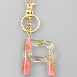 Purple Door Boutique Initial Pink Floral Pressed Keychain
