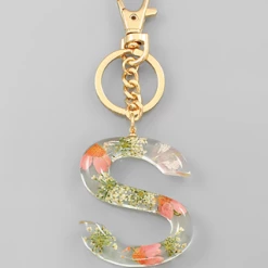 Purple Door Boutique Initial Pink Floral Pressed Keychain