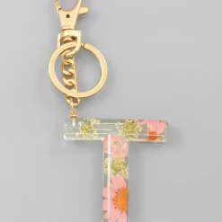 Purple Door Boutique Initial Pink Floral Pressed Keychain
