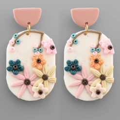 Purple Door Boutique White 3D Floral Oval Earrings