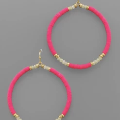 Purple Door Boutique Pink Beaded Gold Hoop Earrings
