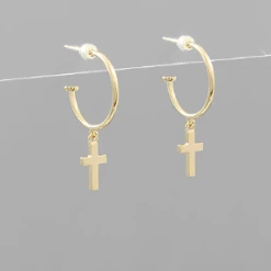 Purple Door Boutique New Arrivals Small Gold Cross Hoop Earrings