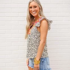 Purple Door Boutique Cream Cheetah Print Embroidered Top New Arrivals