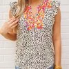Purple Door Boutique Cream Cheetah Print Embroidered Top New Arrivals