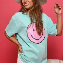 Distressed Vintage Couture All Smiles Turquoise Graphic Tee New Arrivals
