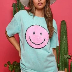Distressed Vintage Couture All Smiles Turquoise Graphic Tee New Arrivals