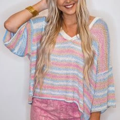 Purple Door Boutique Pink Sky Striped Knit Top