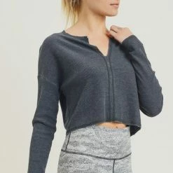 Mono B Athleisure Mono B Black Waffle Knit Cropped Top Ladies'