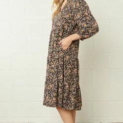 Purple Door Boutique Black Floral Print Midi Dress