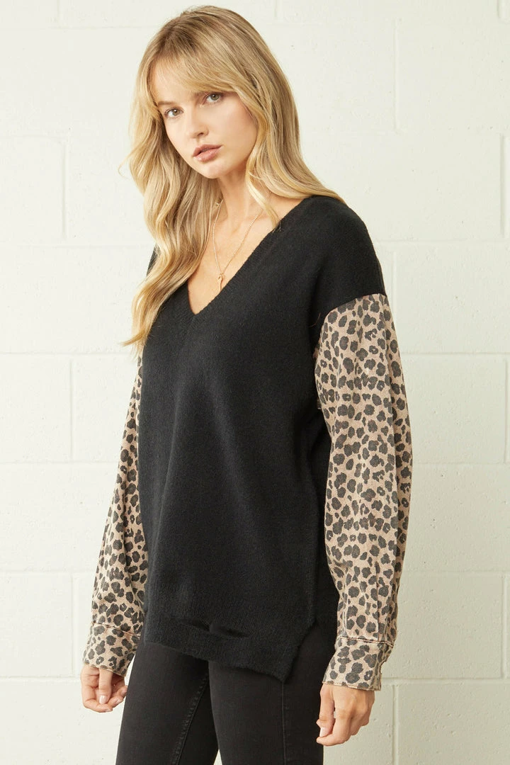Purple Door Boutique Ladies' Leopard Print Denim Black Sweater 2 Purple Door Boutique Ladies' Leopard Print Denim Black Sweater