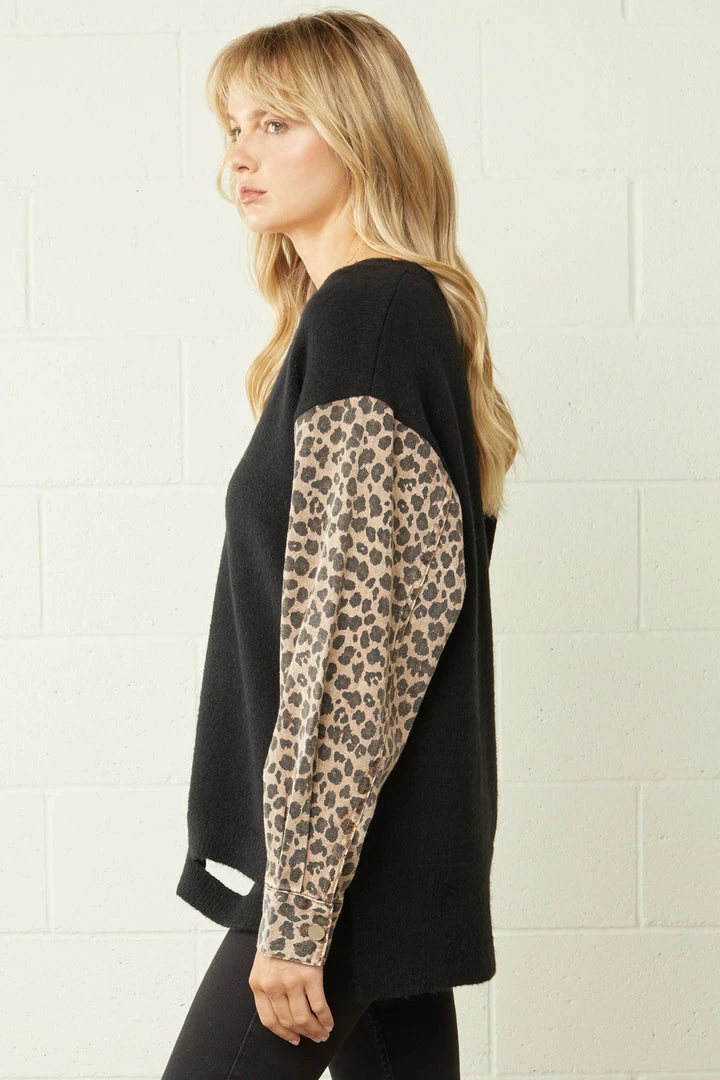 Purple Door Boutique Ladies' Leopard Print Denim Black Sweater 3 Purple Door Boutique Ladies' Leopard Print Denim Black Sweater