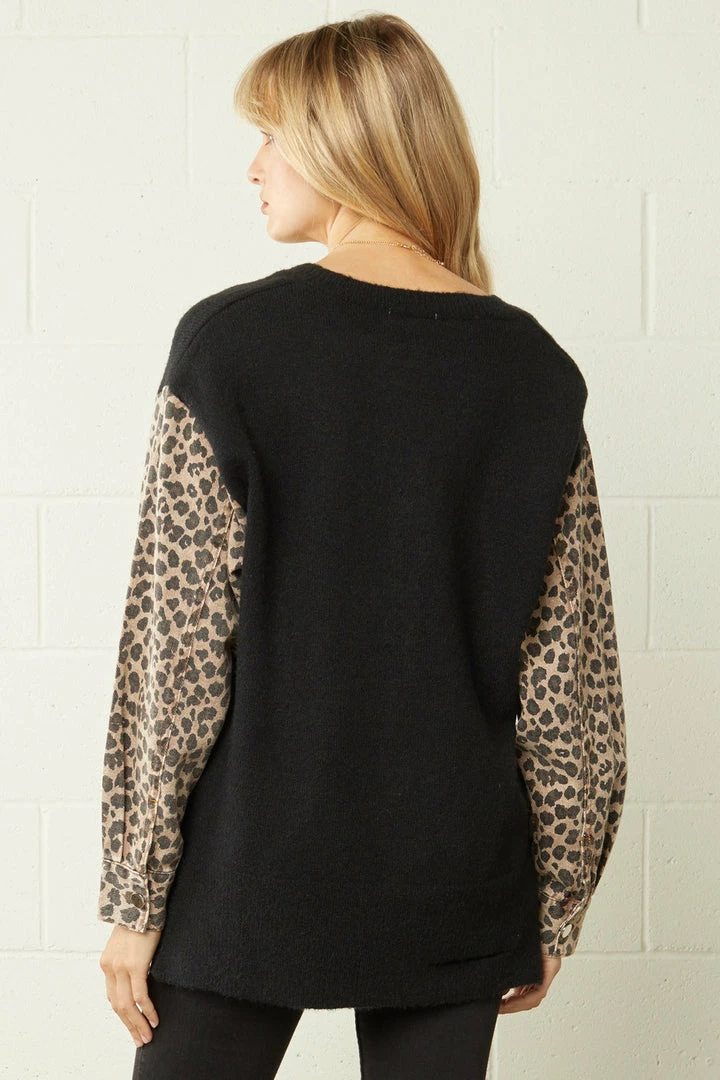 Purple Door Boutique Ladies' Leopard Print Denim Black Sweater 4 Purple Door Boutique Ladies' Leopard Print Denim Black Sweater