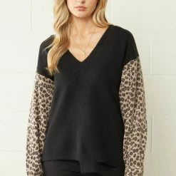 Purple Door Boutique Ladies' Leopard Print Denim Black Sweater