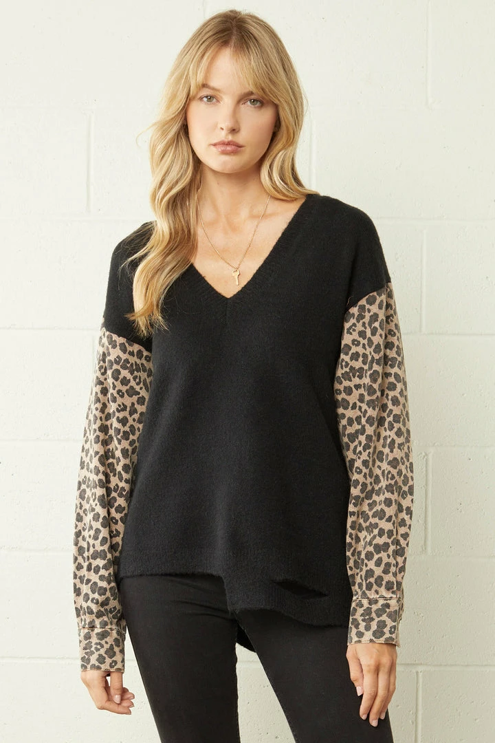 Purple Door Boutique Ladies' Leopard Print Denim Black Sweater 1 Purple Door Boutique Ladies' Leopard Print Denim Black Sweater