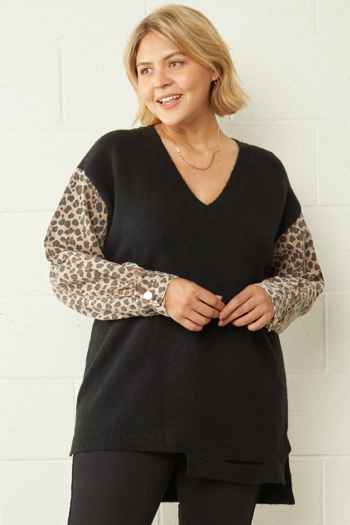 Purple Door Boutique Ladies' Leopard Print Denim Black Sweater 5 Purple Door Boutique Ladies' Leopard Print Denim Black Sweater