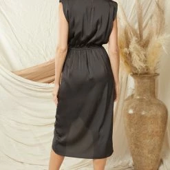 Purple Door Boutique Ladies' Elegant Black Satin Midi Dress
