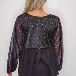 Purple Door Boutique Ladies' Star Foil Babydoll Black Top