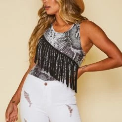 Purple Door Boutique New Arrivals Black Snake Print Fringe Bodysuit