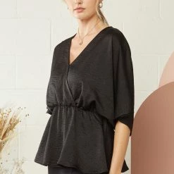 Purple Door Boutique Black Satin Surplice Peplum Top Summer SALE