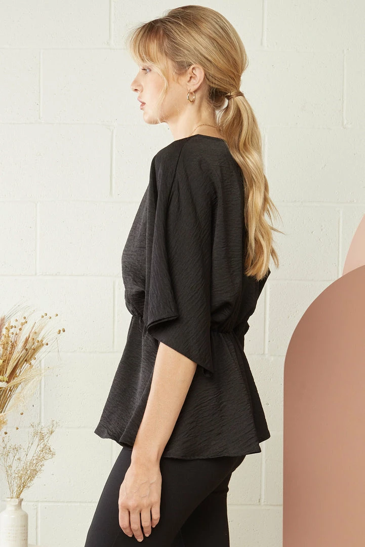 Purple Door Boutique Black Satin Surplice Peplum Top Summer SALE 3 Purple Door Boutique Black Satin Surplice Peplum Top Summer SALE