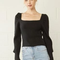 Purple Door Boutique Black Ribbed Knit Cropped Sweater