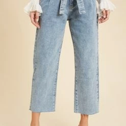 Purple Door Boutique Blue Belted Paperbag Denim Pants Ladies'