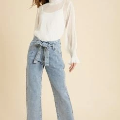 Purple Door Boutique Blue Belted Paperbag Denim Pants Ladies'