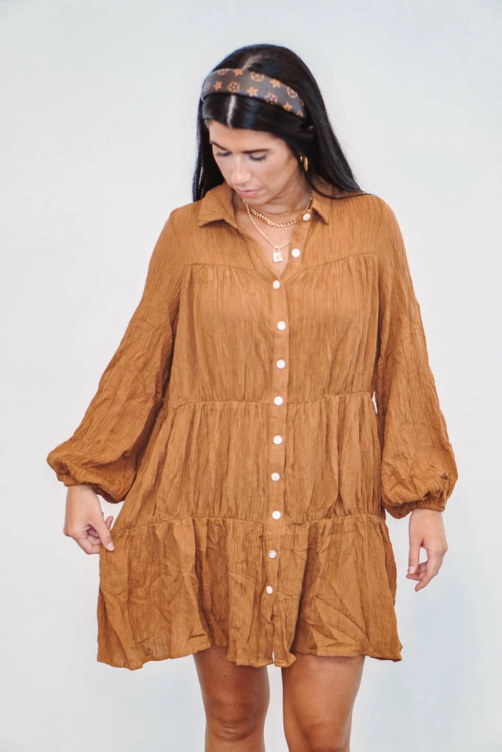 Purple Door Boutique Caramel Shimmer Tiered Mini Dress 3 Purple Door Boutique Caramel Shimmer Tiered Mini Dress