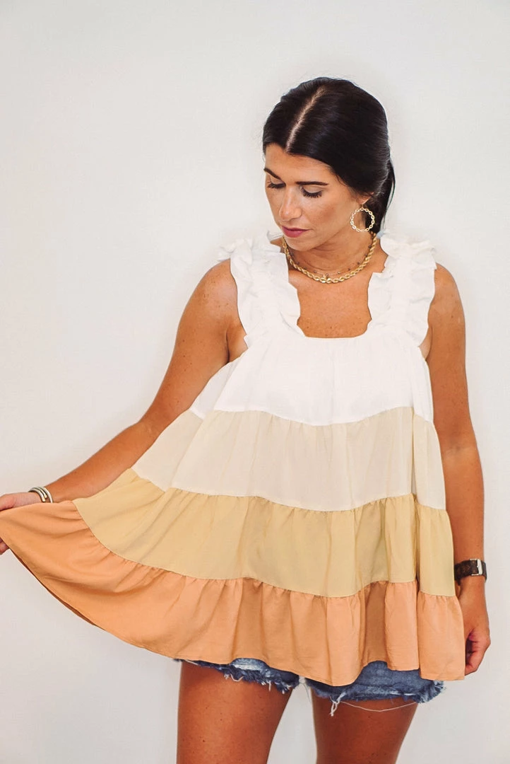 Purple Door Boutique Summer SALE Fall Sunrise Clay Combo Colorblock Tiered Top 2 Purple Door Boutique Summer SALE Fall Sunrise Clay Combo Colorblock Tiered Top