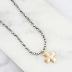 Purple Door Boutique Brookllin Glass Bead Cross Necklace Hematite Jewelry