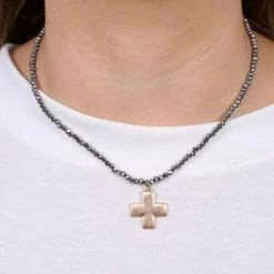 Purple Door Boutique Brookllin Glass Bead Cross Necklace Hematite Jewelry