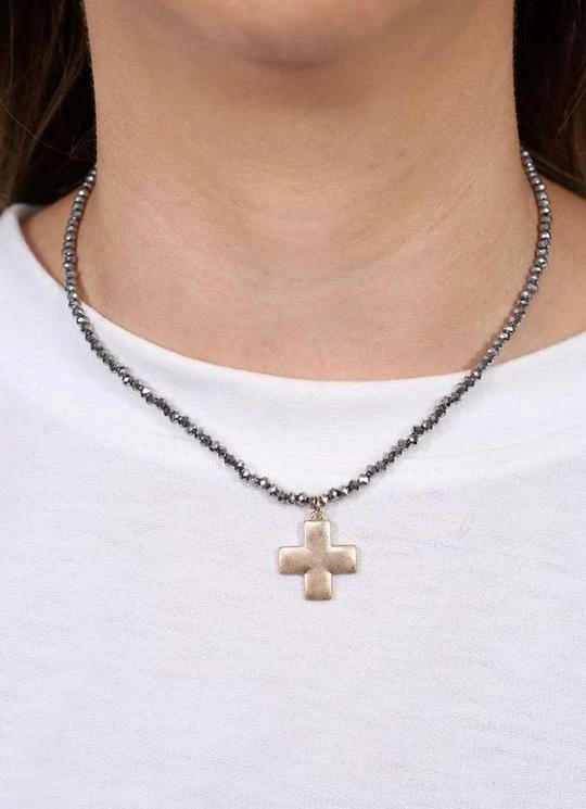 Purple Door Boutique Brookllin Glass Bead Cross Necklace Hematite Jewelry 1 Purple Door Boutique Brookllin Glass Bead Cross Necklace Hematite Jewelry