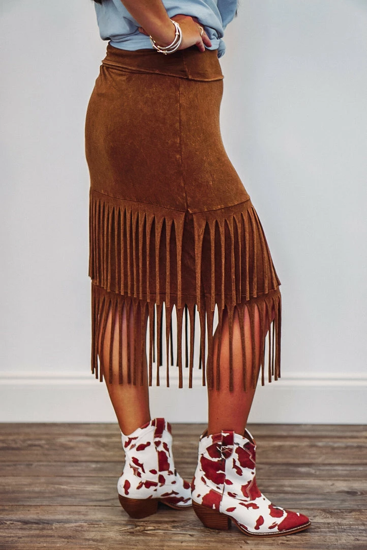 Purple Door Boutique Summer SALE Cowgirl Dreams Camel Color Fringe Midi Skirt 3 Purple Door Boutique Summer SALE Cowgirl Dreams Camel Color Fringe Midi Skirt