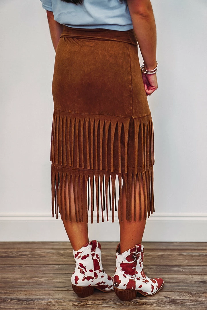 Purple Door Boutique Summer SALE Cowgirl Dreams Camel Color Fringe Midi Skirt 4 Purple Door Boutique Summer SALE Cowgirl Dreams Camel Color Fringe Midi Skirt