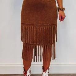 Purple Door Boutique Summer SALE Cowgirl Dreams Camel Color Fringe Midi Skirt