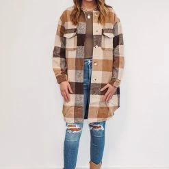 Purple Door Boutique Caramel Color Long Plaid Jacket
