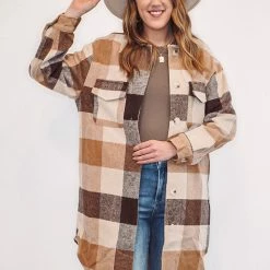 Purple Door Boutique Caramel Color Long Plaid Jacket