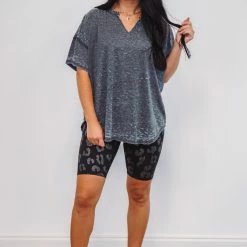 Purple Door Boutique Cozy Black Mineral Washed Top Ladies'