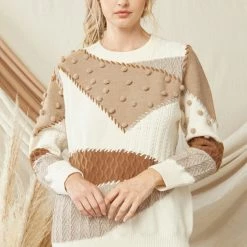 The Purple Door Boutique Pom Pom Caramel Colorblock Sweater