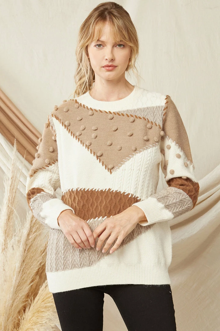 The Purple Door Boutique Pom Pom Caramel Colorblock Sweater 1 The Purple Door Boutique Pom Pom Caramel Colorblock Sweater