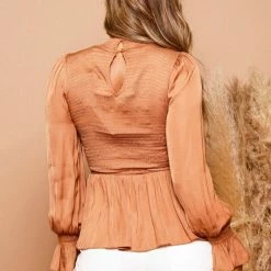 Purple Door Boutique New Arrivals Sweetest Caramel Satin Peplum Top