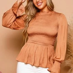 Purple Door Boutique New Arrivals Sweetest Caramel Satin Peplum Top