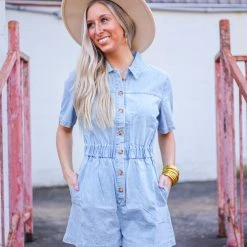 Purple Door Boutique Ladies' Chambray Days Light Blue Romper