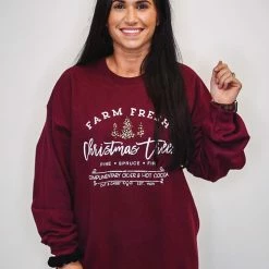 Purple Door Boutique Ladies' Christmas Tree Burgundy Graphic Sweatshirt
