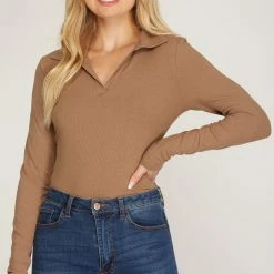 Purple Door Boutique Coffee Ribbed Bodysuit With Collar New Arrivals