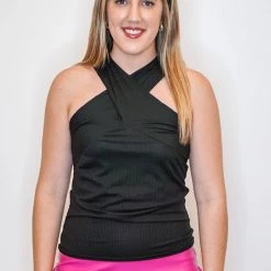 Purple Door Boutique Criss Cross Halter Black Top