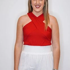 Purple Door Boutique New Arrivals Criss Cross Halter Red Top